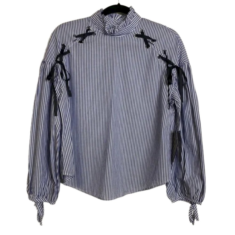 Zara Basic Collection Blue White Stripe Long Sleeve Black Lace Up Sleeve…